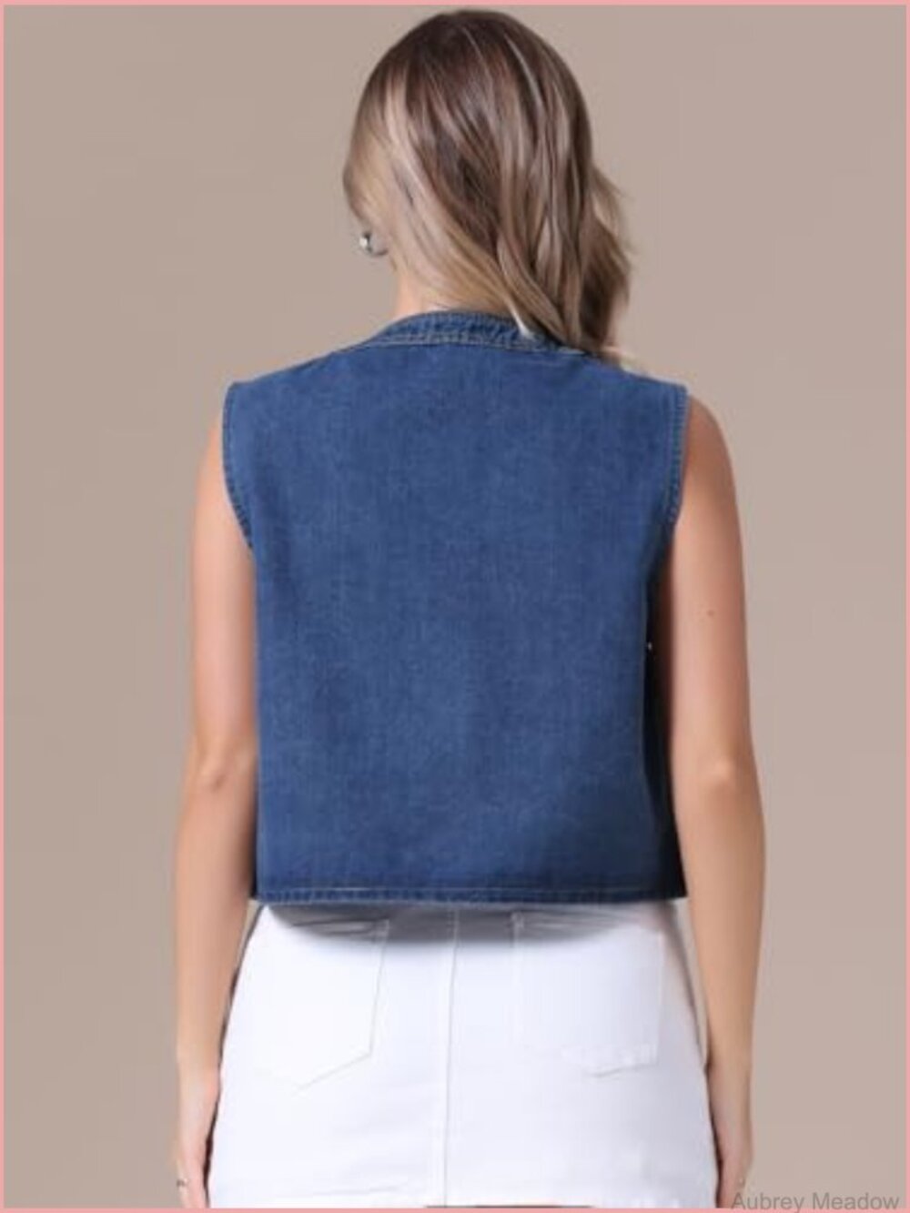 Sleeveless Cropped Denim Vest with Pearl Decor Collarless Open Front - Picture 4 of 6